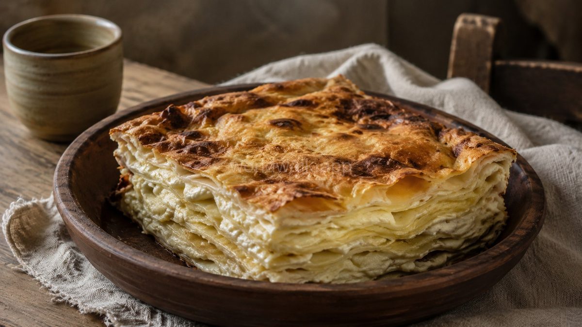 Achma — layered Georgian cheese pastry with boiled dough sheets, rich and soft, served in a wooden dish