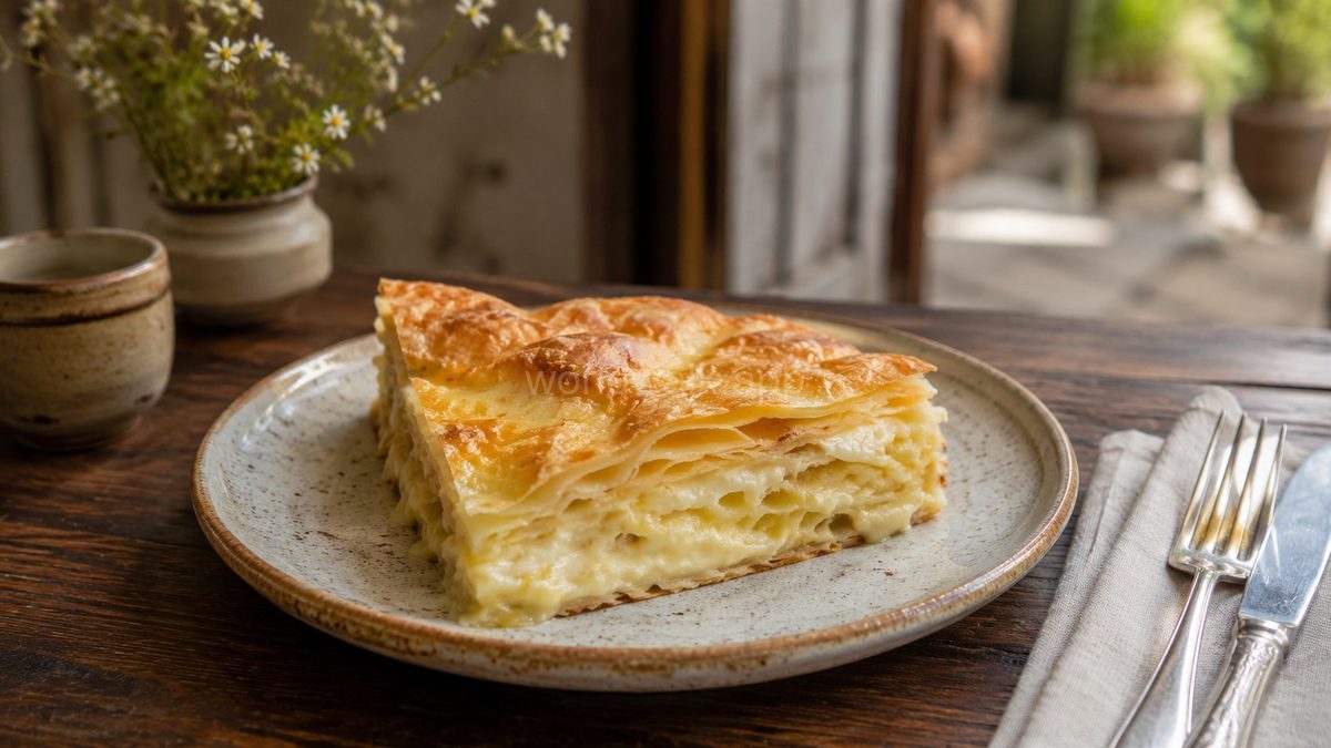 Achma — layered Adjarian pastry with cheese, baked golden, served in a slice