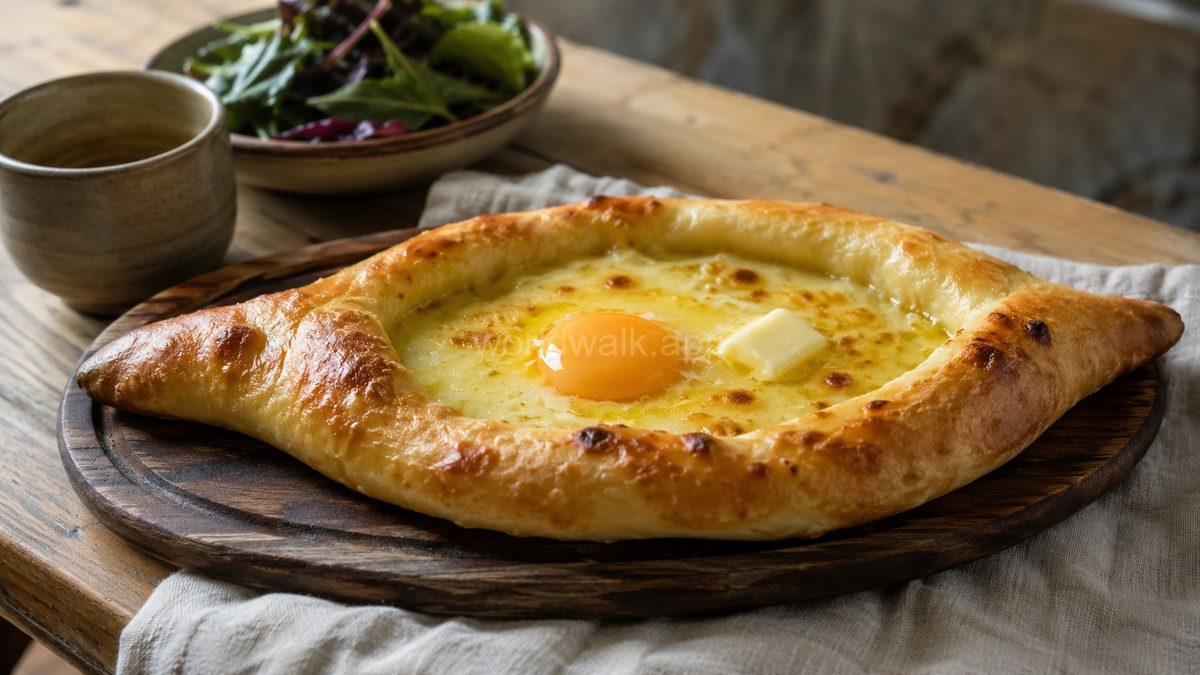 Adjarian khachapuri — boat-shaped Georgian cheese bread with egg yolk and butter, fresh from the oven