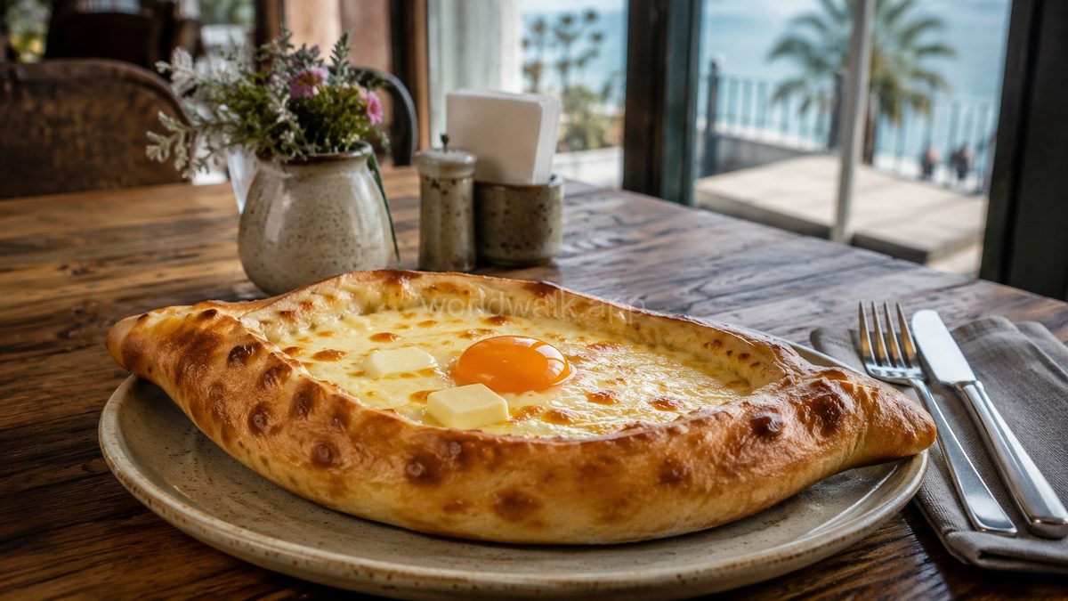 Adjarian khachapuri served in a Batumi restaurant with a view of the Black Sea through the window