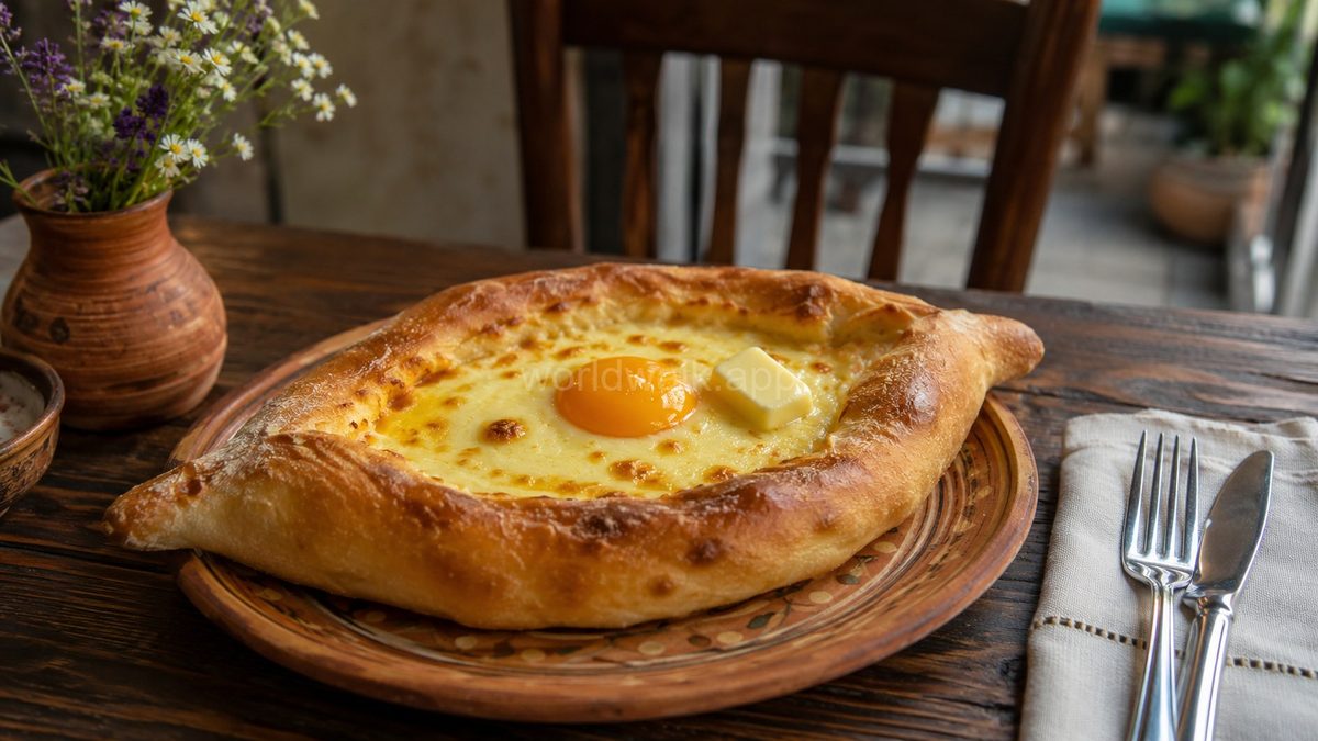 Adjarian khachapuri — boat-shaped cheese bread with egg yolk and butter, the signature dish of Batumi