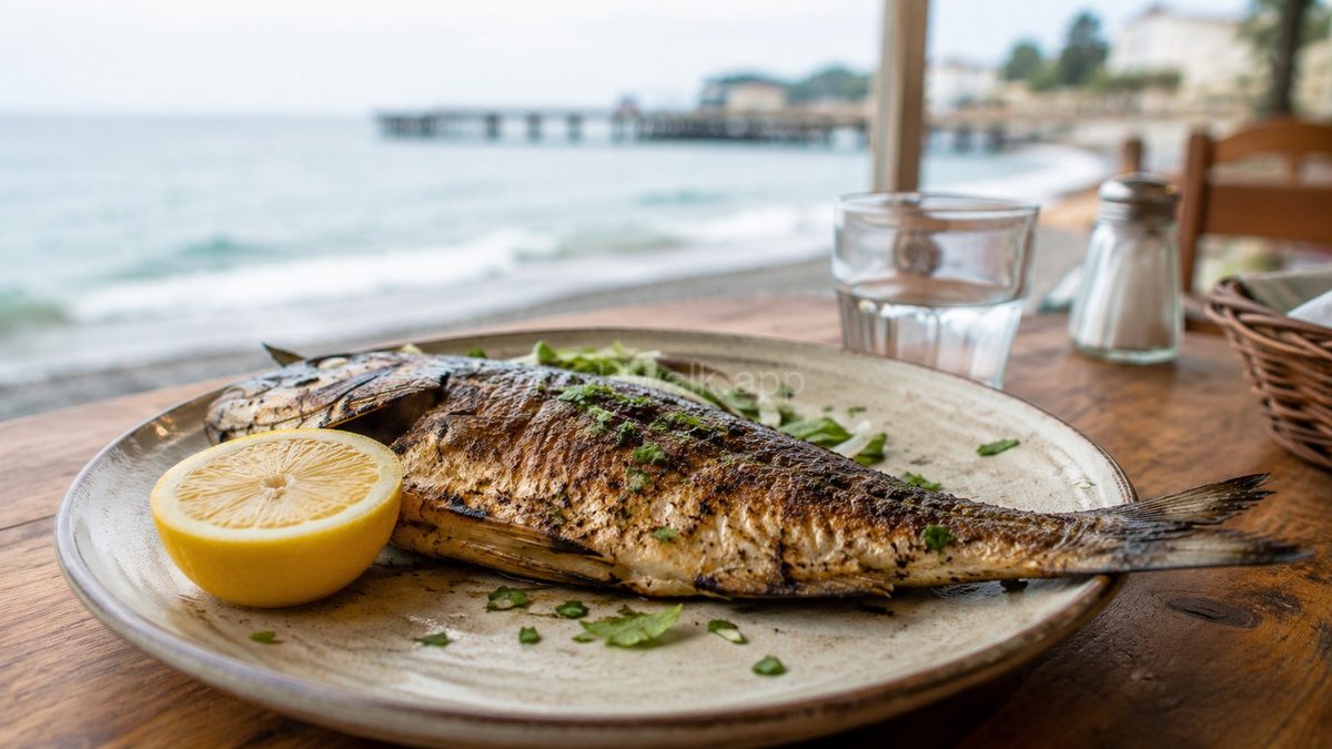 Grilled Black Sea fish served whole with lemon at a seafront restaurant in Batumi