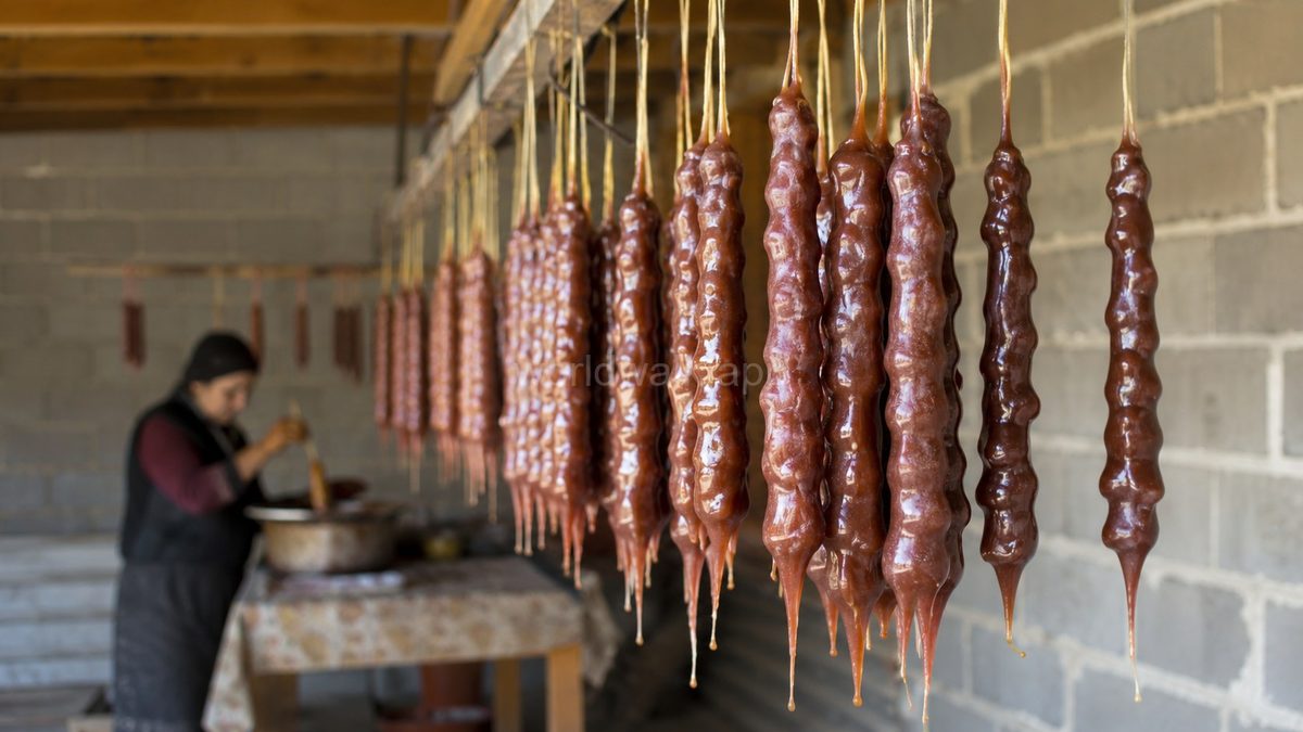 Churchkhela hanging to dry during production, woman preparing the next batch in the background