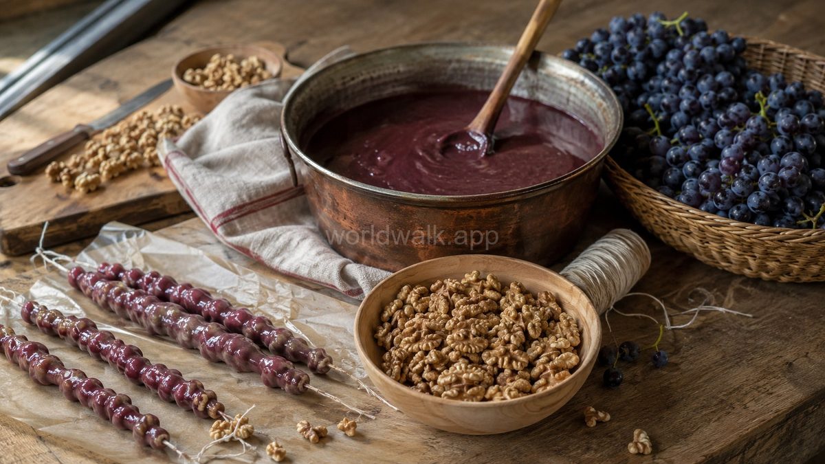 Churchkhela being made: grape must in a pot, walnuts, fresh grapes and strings of early-stage churchkhela on a wooden table