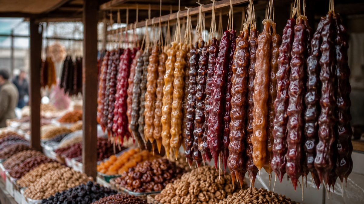 Churchkhela — Georgia's traditional walnut and grape sweet, hanging in colourful bunches at a Batumi market stall