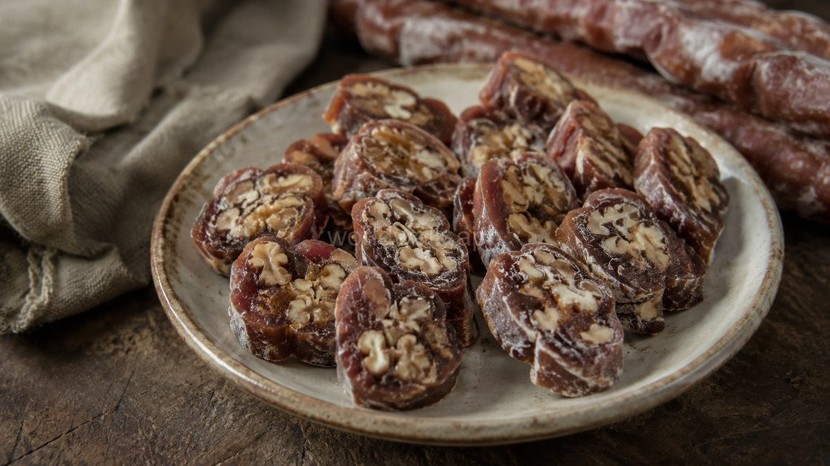 Churchkhela sliced to show the walnut interior inside the dark grape-juice coating