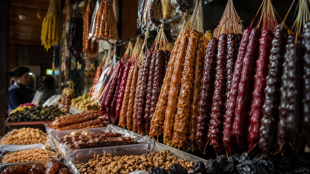 Indoor market stall with churchkhela in multiple colours hanging in large quantities, Batumi