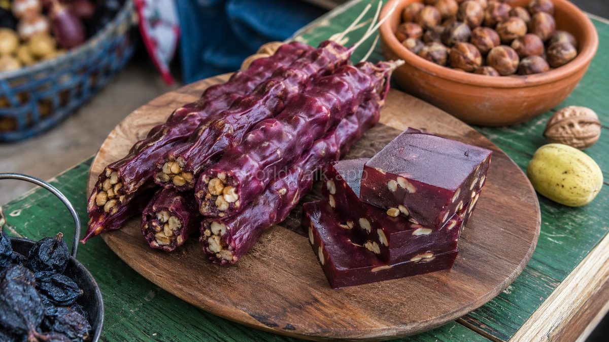 Churchkhela — Georgian market sweet made from walnuts dipped in thickened grape juice, with pelamushi