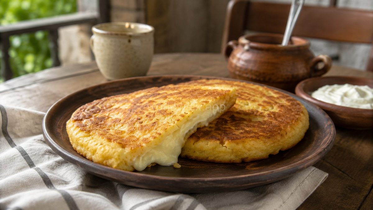 Chvishtari — Georgian cornbread with cheese, pan-fried golden, served with sour cream