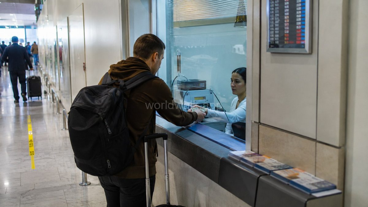 Currency exchange office in Batumi — boards showing rates for USD, EUR and RUB