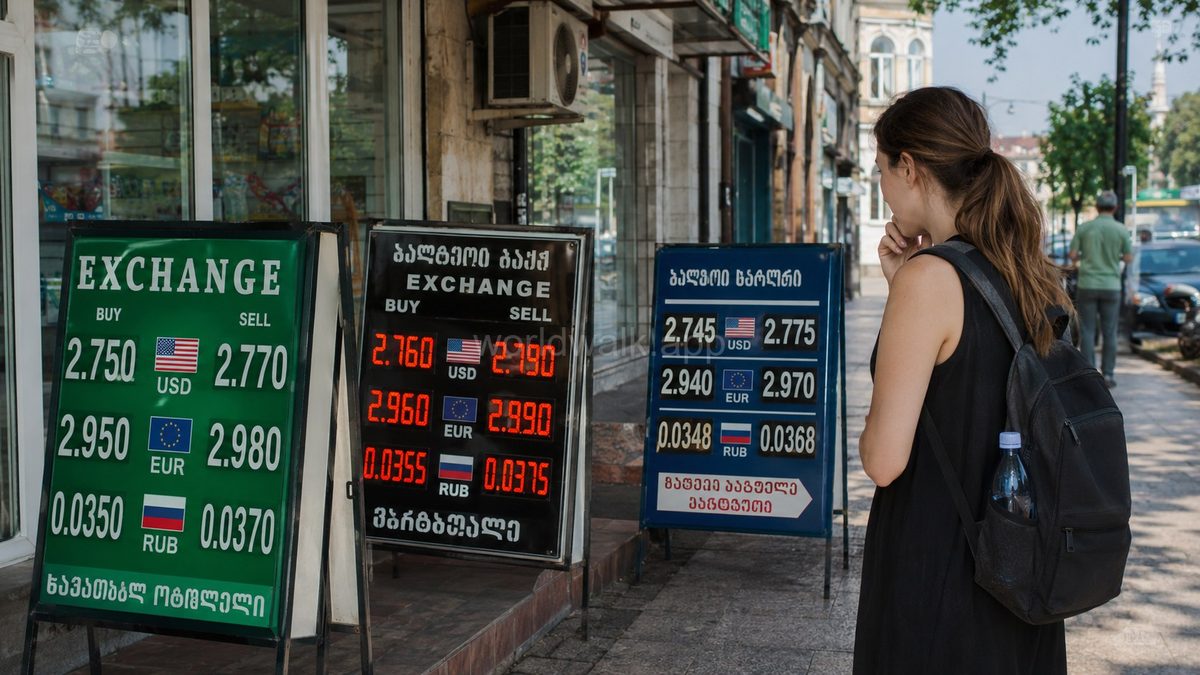 Exchange office window in Batumi showing currency buy and sell rates on a board