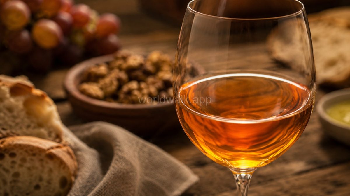 A glass of Georgian amber wine beside grapes, walnuts and bread — the colours from extended skin contact with white grape skins