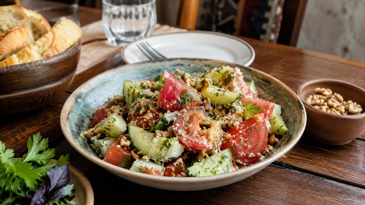 Georgian salad — sliced tomato and cucumber with walnut dressing and fresh herbs