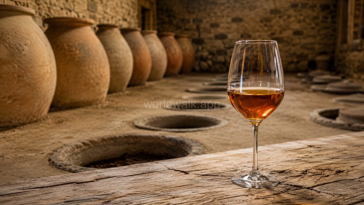 A glass of amber Georgian wine on a wooden beam in a traditional qvevri wine cellar, Georgia
