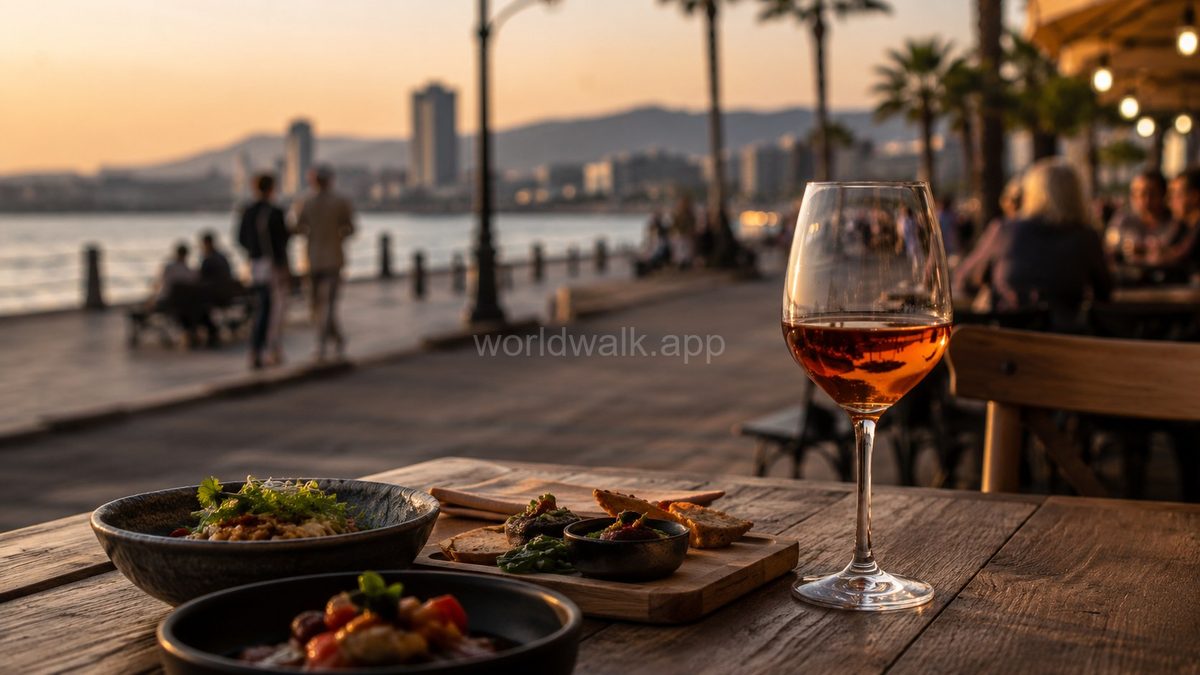 A glass of Georgian wine on a terrace table on the Batumi boulevard at sunset, Black Sea in the background