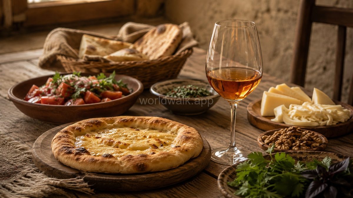 Georgian wine with khachapuri, salad, herbs and cheese on the table — wine and food that have developed together for thousands of years
