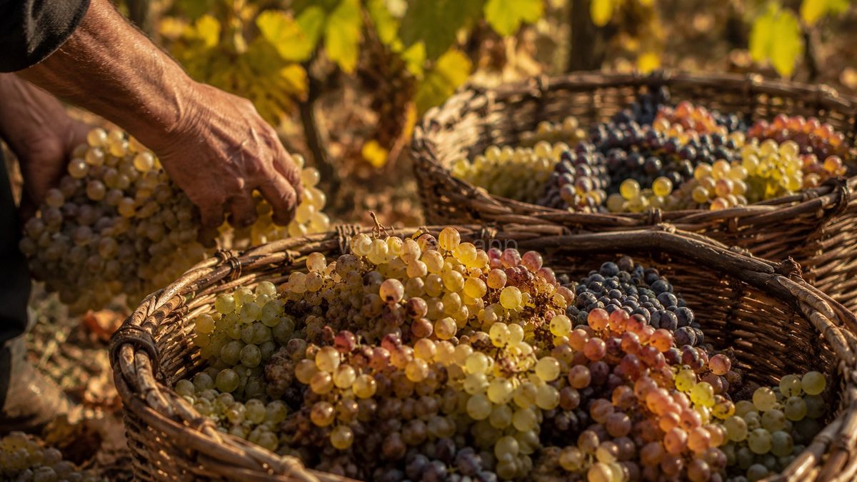 Harvest baskets full of white and dark Georgian grape varieties in a Kakheti vineyard