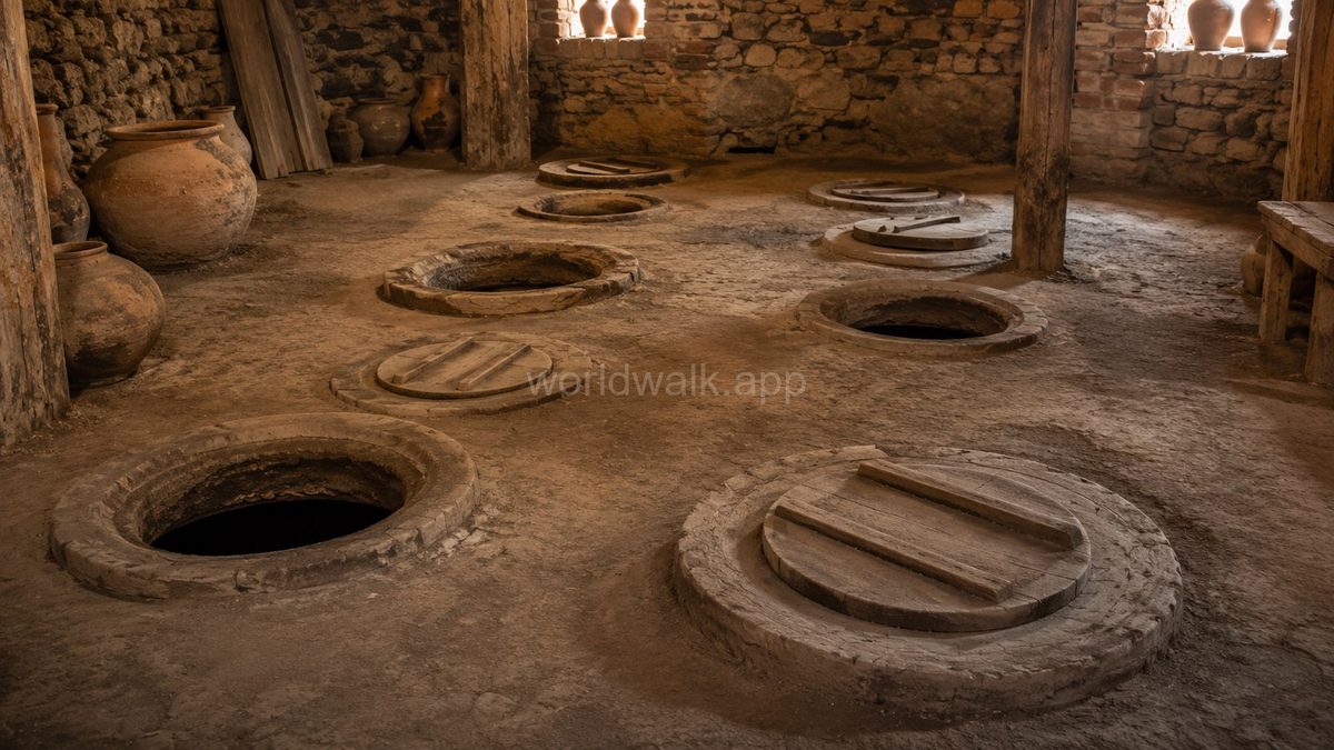 Traditional Georgian qvevri wine cellar — large clay vessels buried in the earth floor of a stone cellar