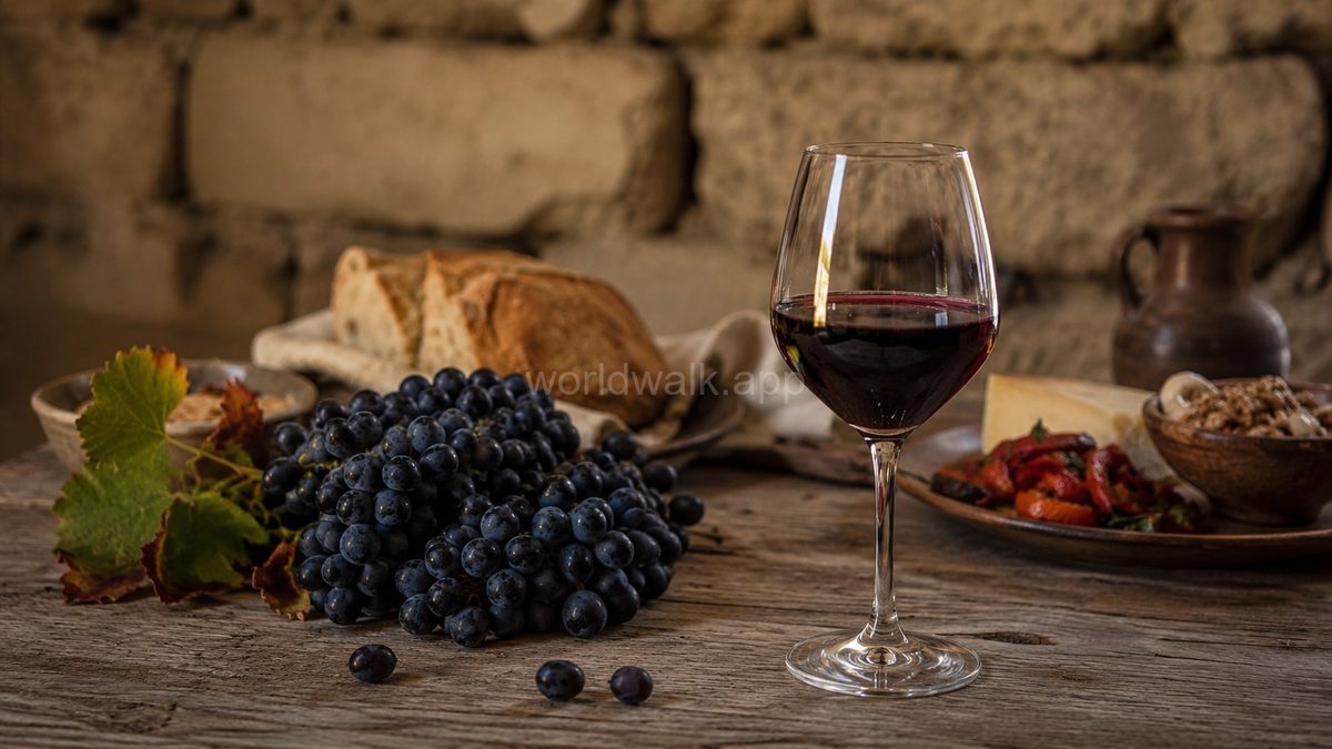 Georgian Saperavi red wine in a glass beside dark grapes, bread, cheese and walnuts on a rustic wooden table