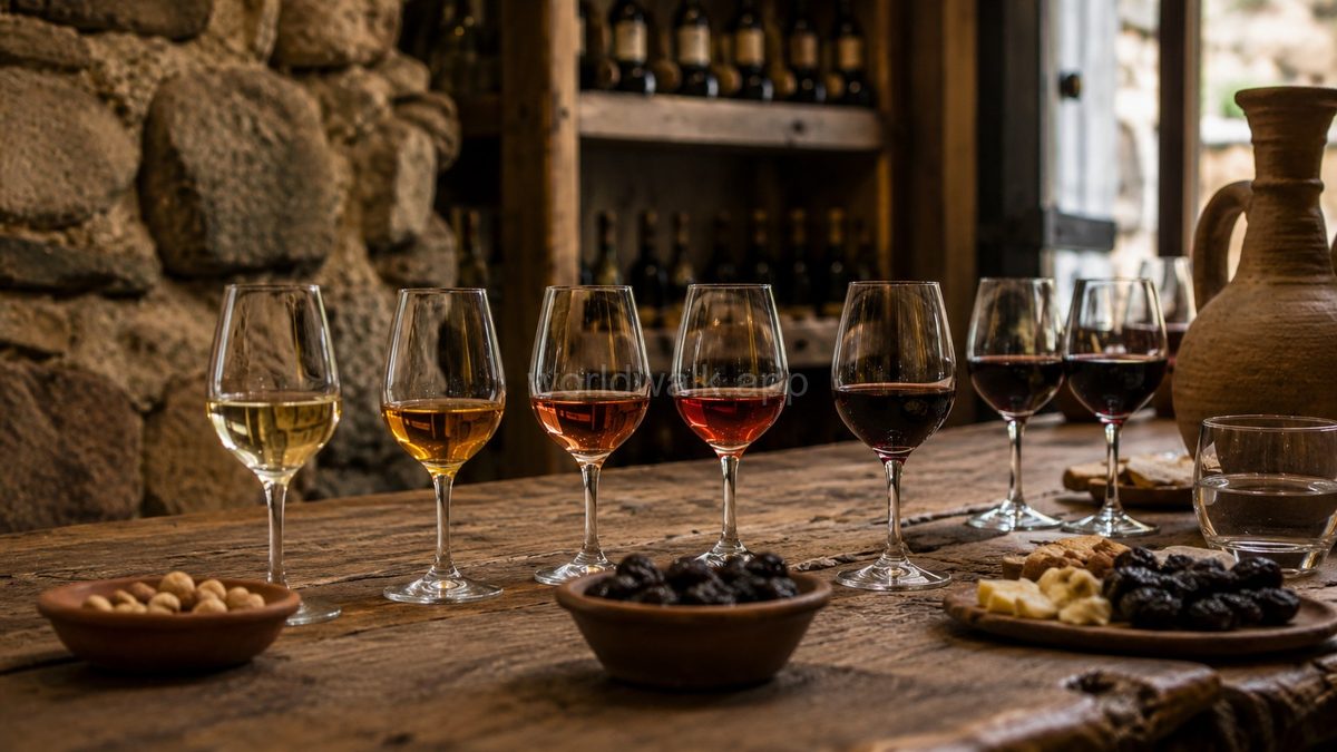 Georgian wine tasting flight — six glasses ranging from white to deep red, with walnuts and dried fruit on the table