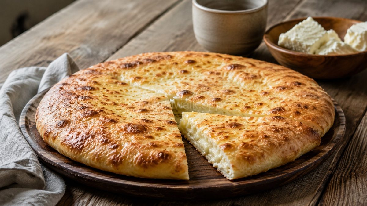 Imeretian khachapuri — round, closed Georgian cheese bread baked golden, sliced on a wooden board