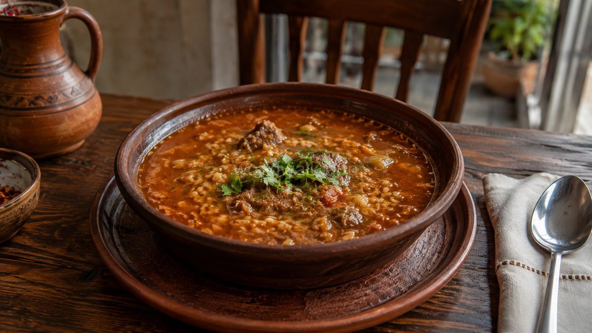 Kharcho — Georgian beef and walnut soup with rice and spices in a clay bowl