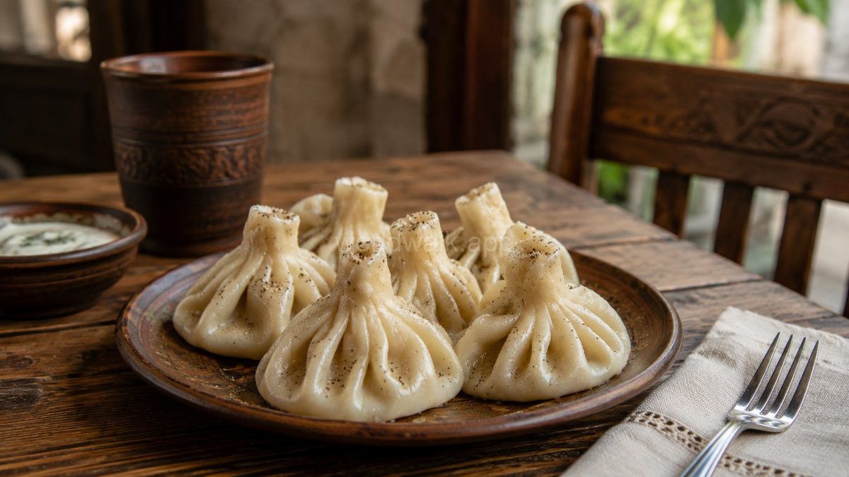 Khinkali — Georgian dumplings with spiced meat and broth, served on a wooden plate