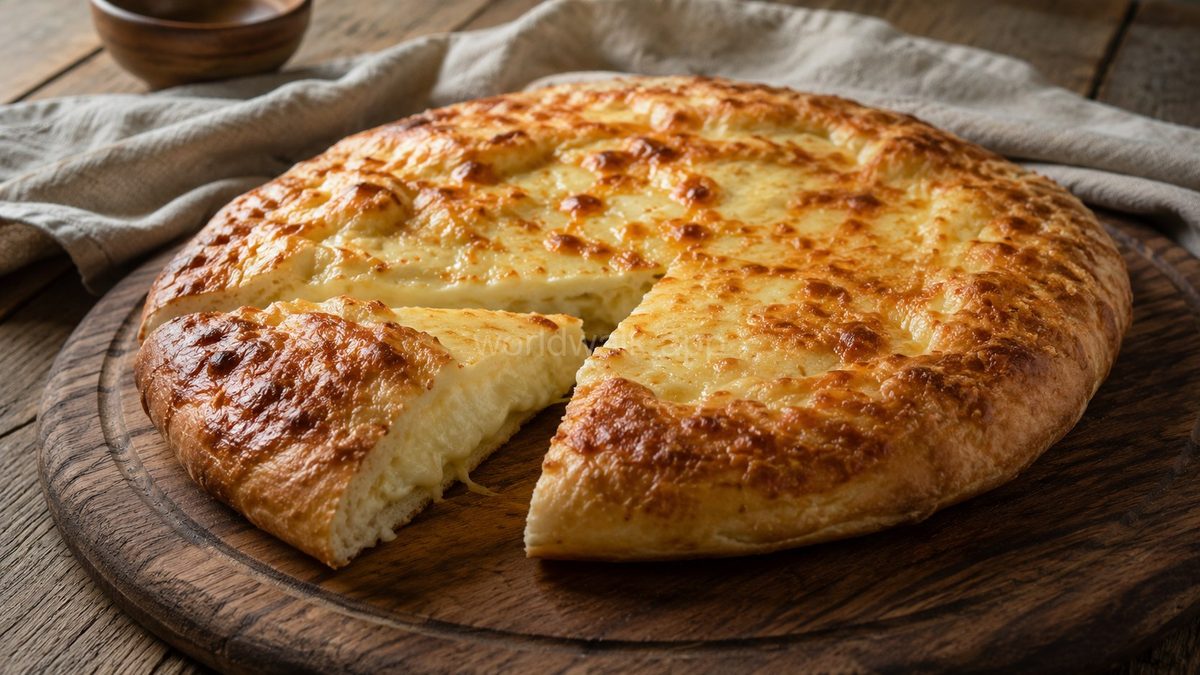 Megrelian khachapuri — round Georgian cheese bread with extra cheese melted on top, sliced