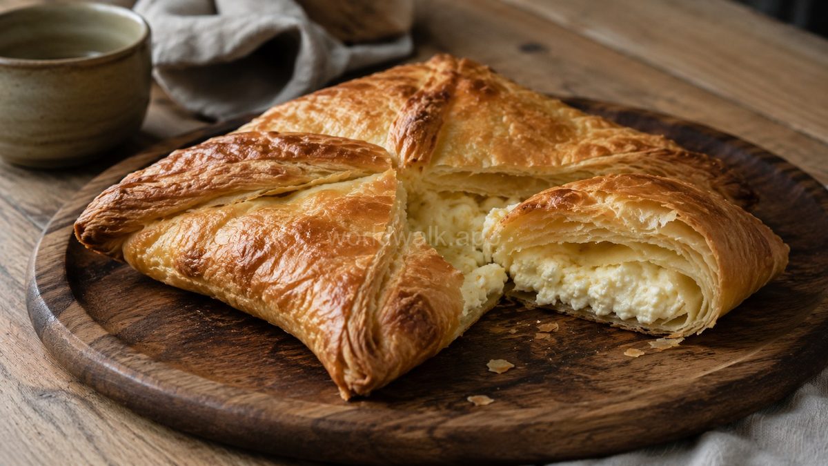 Penovani khachapuri — flaky puff pastry Georgian cheese bread, broken open to show filling