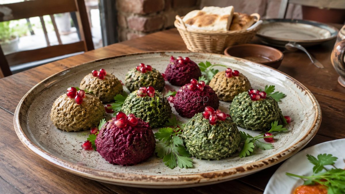 Pkhali — Georgian vegetable and walnut starter shaped into rounds, garnished with pomegranate seeds