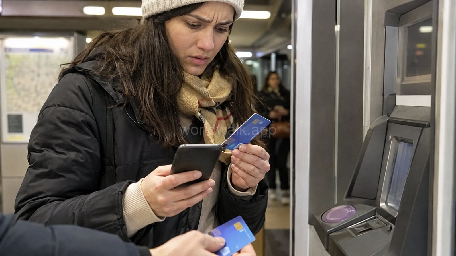 Traveller looking confused at a phone and bank cards near a Paris ticket machine in 2026