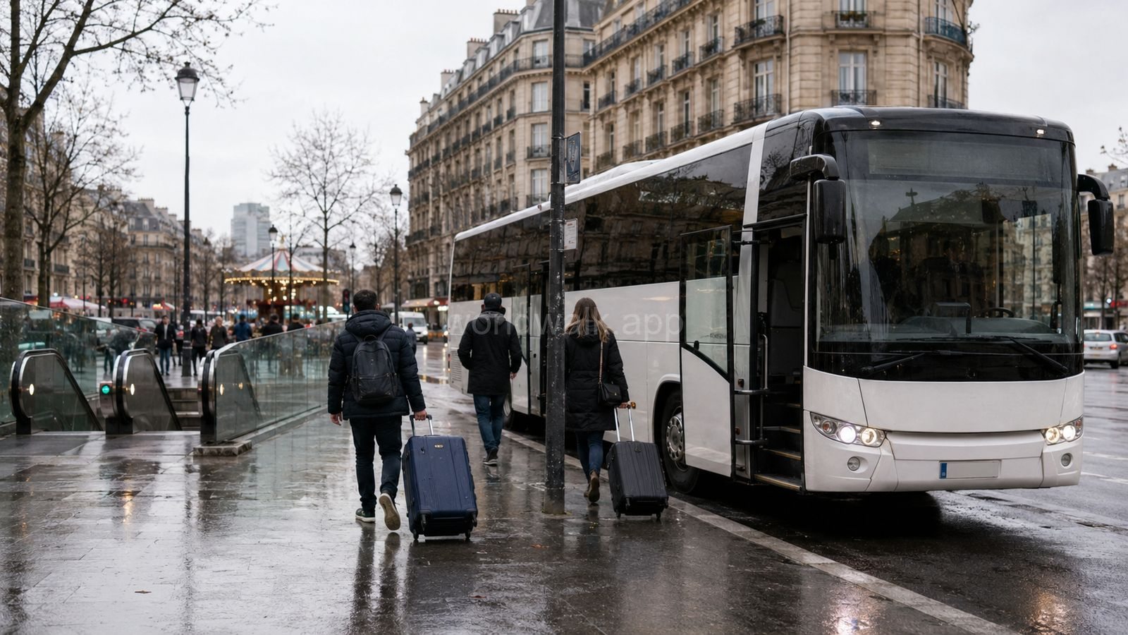 Airport shuttle coach with travellers and luggage on a rainy Paris street in 2026