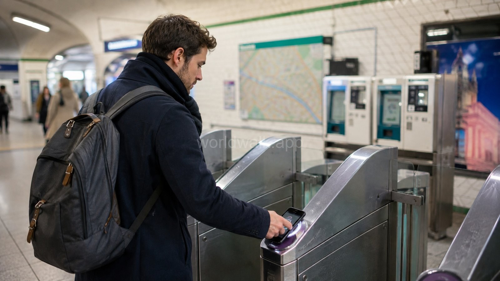 Traveller tapping a phone on the purple validator at a Paris metro gate in 2026