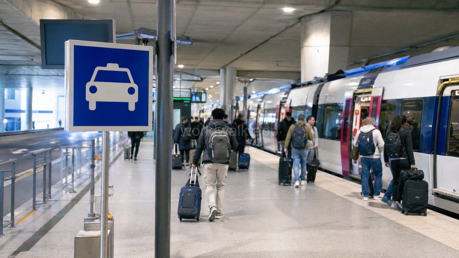 Taxi sign and travellers with luggage on a train platform at Charles de Gaulle Airport in 2026